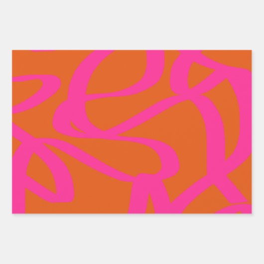 ミッドセンチュリーモダン抽象芸術ラインオレンジとピンク ラッピングペーパーシート (正面3)