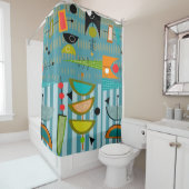 ミッドセンチュリーモダン抽象芸術図形ブルー シャワーカーテン (インサイチュ)
