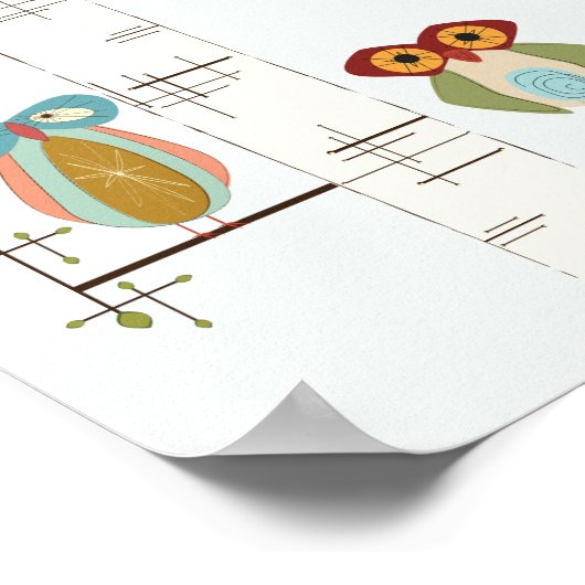 ミッドセンチュリーモダン樺の木の木とフクロウのポスター ポスター (角)