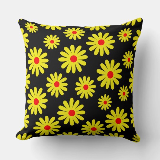 ミッドセンチュリーモダン鮮やかデイジーフローラブラック クッション (正面)