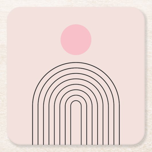 ミッドセンチュリーモダン05日とレインボー赤面ピンク スクエアペーパーコースター (正面)