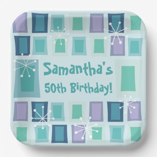ミッドセンチュリーモダン50th誕生日アクアマリン ペーパープレート (正面)