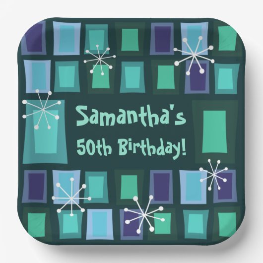 ミッドセンチュリーモダン50th誕生日ティール（緑がかった色） ペーパープレート (正面)