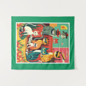 ミッドセンチュリーモダン・キャッツ・オン・バケーション タペストリー (正面(横))