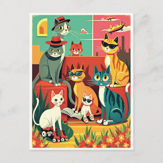 ミッドセンチュリーモダン・キャッツ・オン・バケーション ポストカード (正面)
