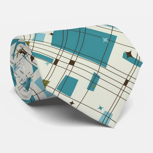 ミッドセンチュリーモダン、ターコイズ、黒、幾何学模様 ネクタイ (ロール)