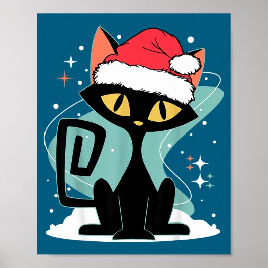 ミッドセンチュリーモダン 猫 サンタ帽子 クリスマス 70年代 レトロ ポスター (正面)