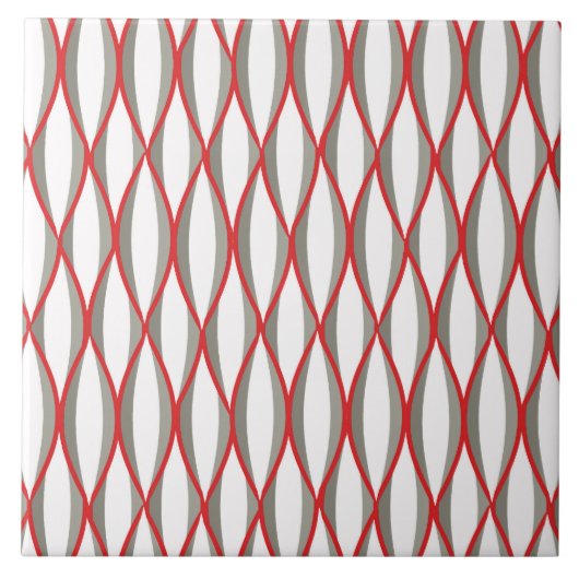 ミッドセンチュリーリボンプリント – グレー、白、赤 タイル (正面)