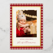 ミッドセンチュリーレッド縦2枚の写真クリスマス金ゴールド 箔シーズンカード (正面)