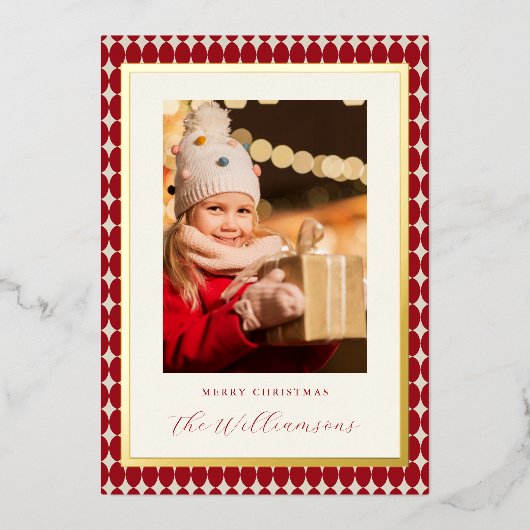 ミッドセンチュリーレッド縦2枚の写真クリスマス金ゴールド 箔シーズンカード (正面)