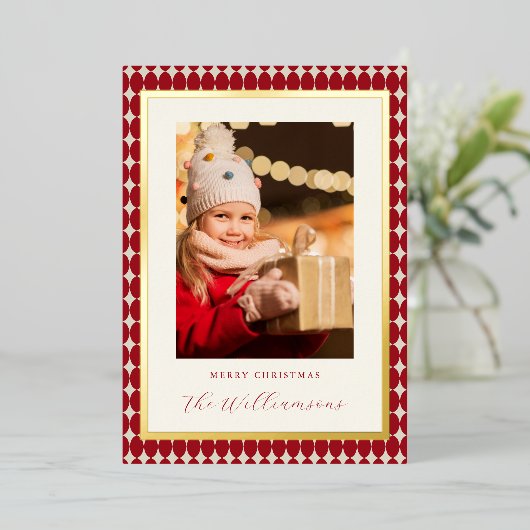 ミッドセンチュリーレッド縦2枚の写真クリスマス金ゴールド 箔シーズンカード (立ち正面)