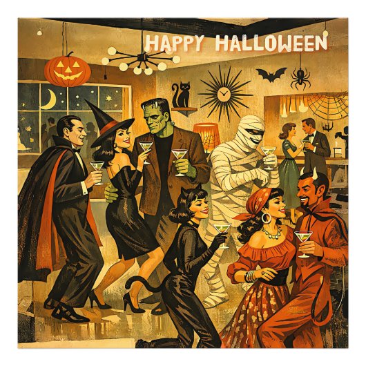 ミッドセンチュリーレトロな50年代ハロウィンマーティニパーティー フォトプリント (正面)