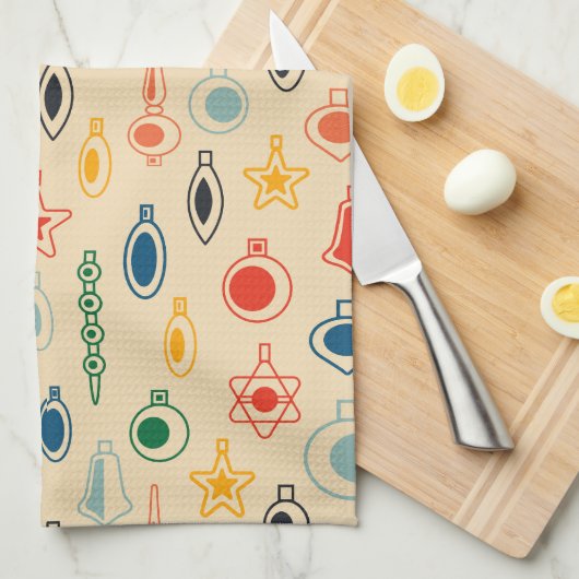 ミッドセンチュリーレトロのクリスマスツリーのおもちゃつきパターン キッチンタオル (四つ折り)