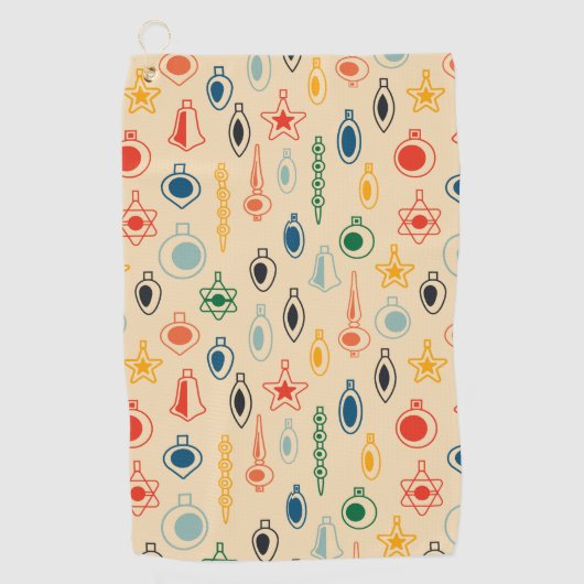 ミッドセンチュリーレトロのクリスマスツリーのおもちゃつきパターン ゴルフタオル (正面)