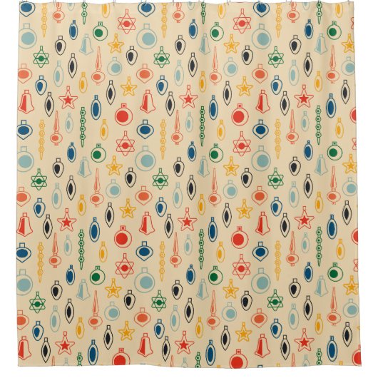 ミッドセンチュリーレトロのクリスマスツリーのおもちゃつきパターン シャワーカーテン (正面)
