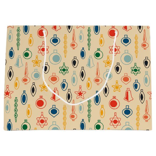 ミッドセンチュリーレトロのクリスマスツリーのおもちゃつきパターン ラージペーパーバッグ (正面)