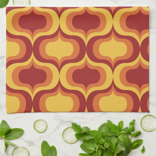 ミッドセンチュリーレトロオレンジイエローレッドオージーパターン キッチンタオル (折り畳み)
