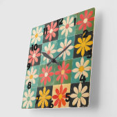 ミッドセンチュリーレトロデイジーパターン スクエア壁時計 (傾斜)