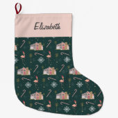 ミッドセンチュリーレトロピンクハウスパームツリーラージ ラージクリスマスストッキング (正面)