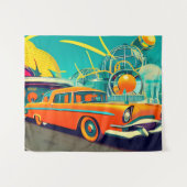 ミッドセンチュリーレトロ未来的ア車のートオレンジ タペストリー (正面(横))