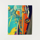 ミッドセンチュリーレトロ未来的ア車のートオレンジ タペストリー (正面)