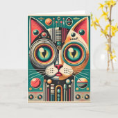 ミッドセンチュリーレトロ未来的サーキット猫 カード (黄色い花)