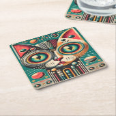 ミッドセンチュリーレトロ未来的サーキット猫 スクエアペーパーコースター (アングル)