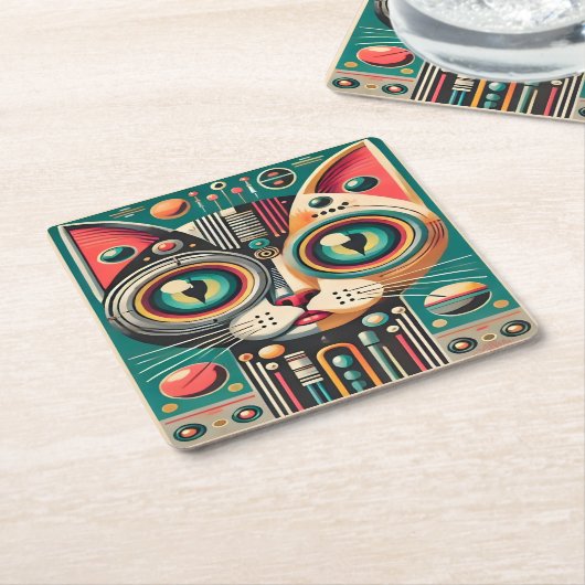 ミッドセンチュリーレトロ未来的サーキット猫 スクエアペーパーコースター (アングル)