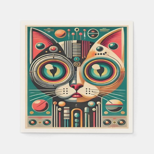 ミッドセンチュリーレトロ未来的サーキット猫 スタンダードカクテルナプキン (正面)