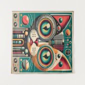 ミッドセンチュリーレトロ未来的サーキット猫 タペストリー (正面(横))