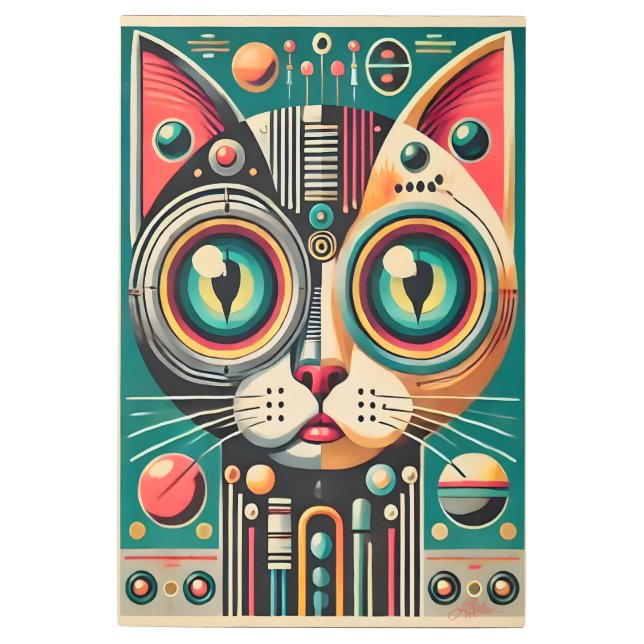 ミッドセンチュリーレトロ未来的サーキット猫 メタルプリント (正面)