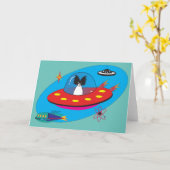 ミッドセンチュリーロケット犬の折り畳みグリーティングカード カード (黄色い花)