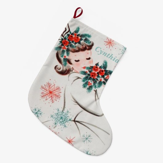 ミッドセンチュリーヴィンテージクリスマスレディパーソナライズされたー ラージクリスマスストッキング (正面 (吊り時))