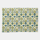 ミッドセンチュリー円パターンブルーイエロータンホワイト キッチンタオル (横)