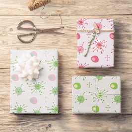 ミッドセンチュリー原子スターバストパターンピンク、緑 ラッピングペーパーシート
