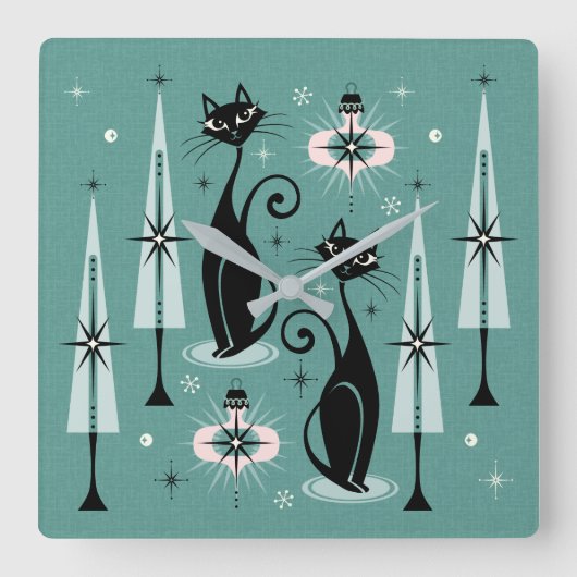 ミッドセンチュリー原子子猫クリスマス©studioxtine スクエア壁時計 (正面)