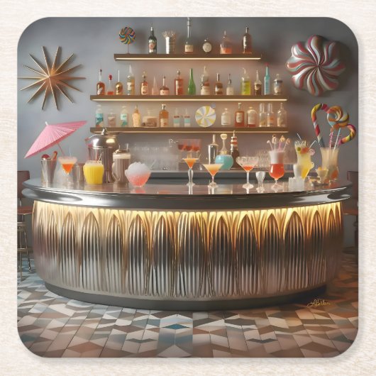 ミッドセンチュリー原子未来的パーティーバー スクエアペーパーコースター (正面)