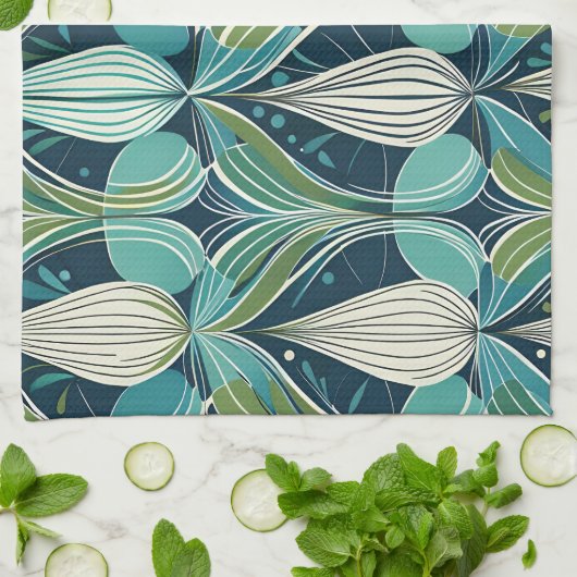 ミッドセンチュリー原子滴青い緑パターン キッチンタオル (折り畳み)