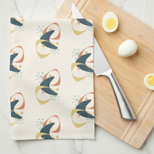 ミッドセンチュリー原子炭オレンジイエロー キッチンタオル (四つ折り)