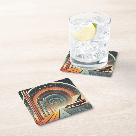 ミッドセンチュリー宇宙エイジアートワームホールポート スクエアペーパーコースター (インサイチュ)
