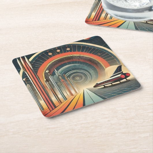 ミッドセンチュリー宇宙エイジアートワームホールポート スクエアペーパーコースター (アングル)