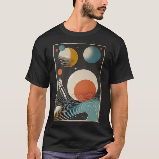 ミッドセンチュリー宇宙エイジアート銀河系ウェーブズ Tシャツ (正面)