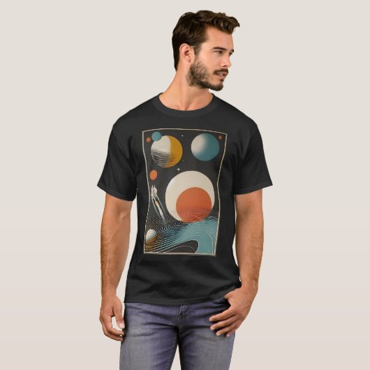 ミッドセンチュリー宇宙エイジアート銀河系ウェーブズ Tシャツ (正面フル)