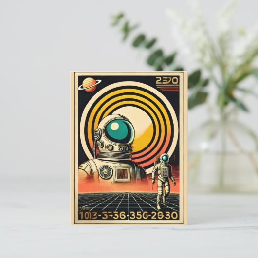 ミッドセンチュリー宇宙時代の宇宙飛行士着陸芸術 ポストカード (スタンド正面)
