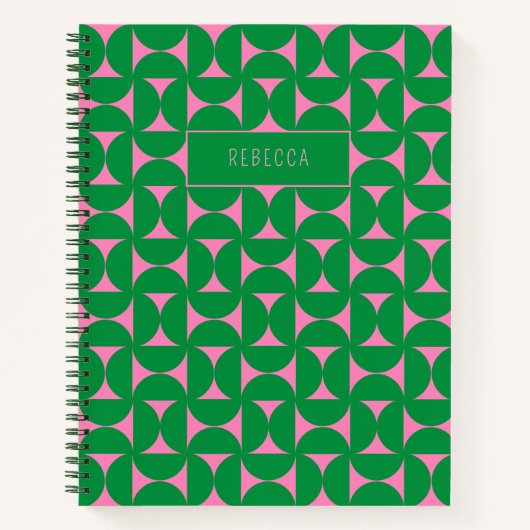 ミッドセンチュリー抽象芸術グリーンおよびピンク幾何学図形 ノートブック (正面)