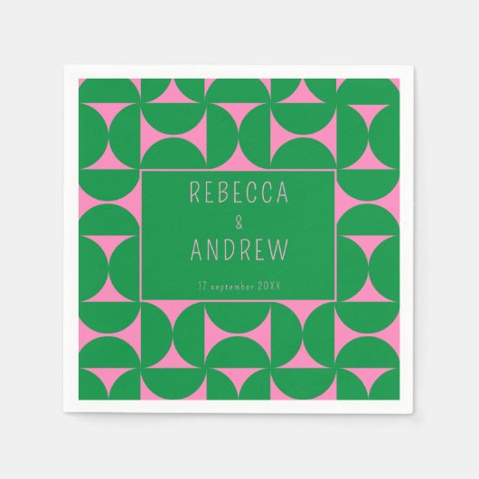 ミッドセンチュリー抽象芸術フォレストグリーン&ピンク スタンダードカクテルナプキン (正面)