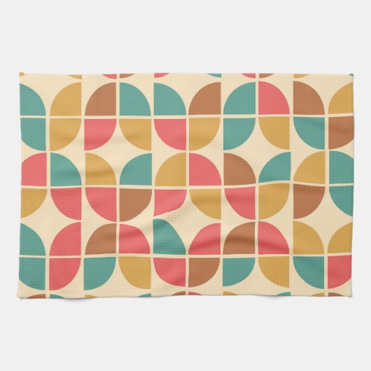 ミッドセンチュリー抽象芸術幾何学赤ティール(緑がかった色)マスタード キッチンタオル (横)
