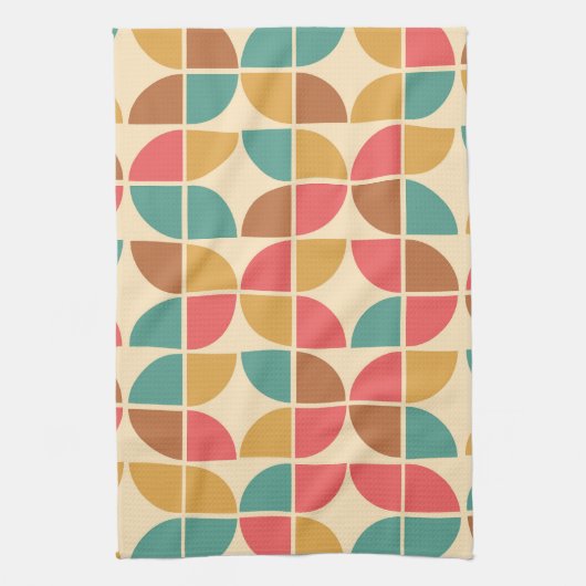 ミッドセンチュリー抽象芸術幾何学赤ティール(緑がかった色)マスタード キッチンタオル (縦)