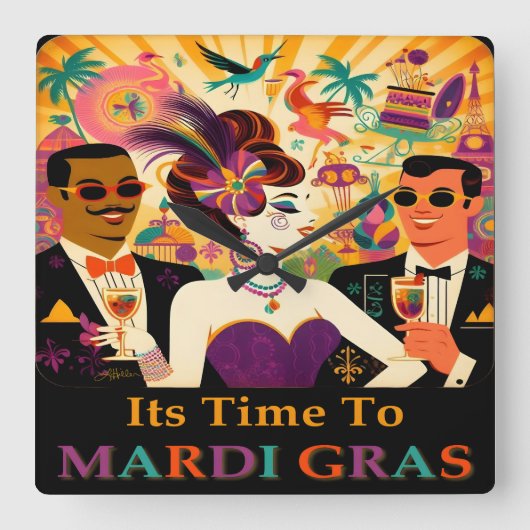 ミッドセンチュリー未来的マルディグラスカクテルパーティー スクエア壁時計 (正面)