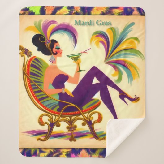 ミッドセンチュリー未来的マルディグラスマルティーニ女性 シェルパブランケット (正面)